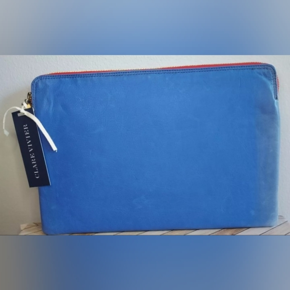 Clare V Blue Leather Zip Pouch with Red Trim